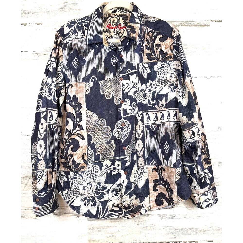 Robert Graham Mens L Blue Multi Gallow Patchwork Sport Shirt Luxury Cotton